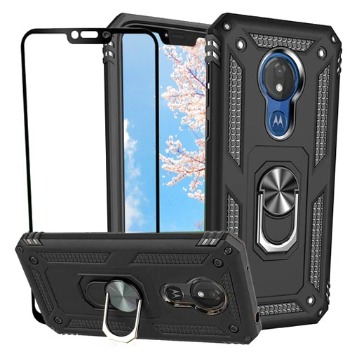 YaHan for Motorola Moto G7 Power/Moto G7 Supra Case,360 Degree Rotating Ring Kickstand Hybrid Heavy Duty Dual Layer Shockproof Defender Hard Back Case with Tempered Glass Screen Protector,Black