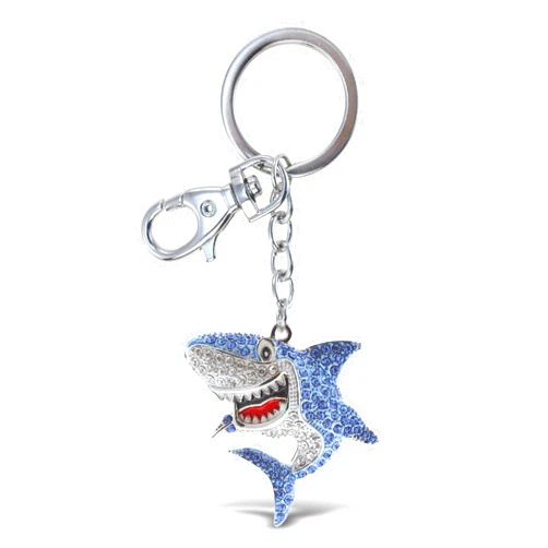 Aqua79 Shark Keychain - Silver 3D Sparkling Charm Rhinestones Fashionable Stylish Metal Alloy Durable Key Ring Bling Crystal Jewelry Accessory With Clasp