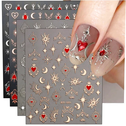 JMEOWIO 9 Sheets Moon Star Nail Art Stickers Decals Self-Adhesive Pegatinas Uñas Sun Nail Supplies Nail Art Design Decoration Accessories