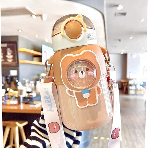 IDIDG Cute Stainless Steel Water Bottle with Straw and Strap, Kawaii Insulated Bear Water Bottles Leak-Proof Stainless Steel Vacuum BPA Free Reusable Cup for Sports Girls (Brown)