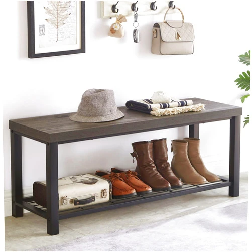 EXCEFUR Entryway Bench, Industrial Metal and Wood Storage Bench for Living Room, Indoor Shoe Rack Bench Seat, 43.3 Inch Grey
