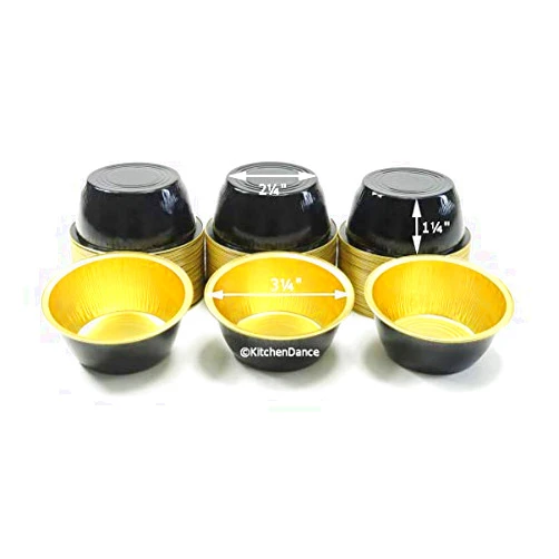 KitchenDance.com KitchenDance Disposable Colored Aluminum Foil Ramekins Pan - 4 Ounces Round Non-Stick Baking Pans Perfect for Home, Bakeries, Restaurants, #ALU-50 (Without Lid, Black w/Gold Interior)
