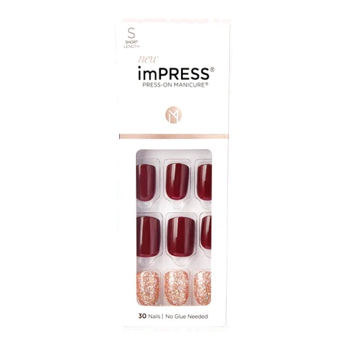 ImPRESS KISS imPRESS No Glue Mani Press On Nails, Design, No Other', Red, Short Size, Squoval Shape, Includes 30 Nails, Prep Pad, Instructions Sheet, 1 Manicure Stick, 1 Mini File
