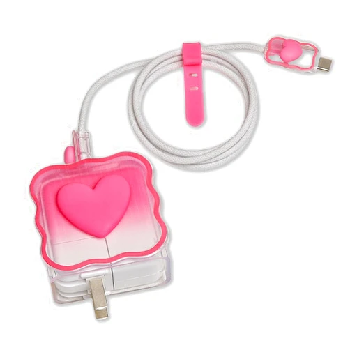 QLD COVER Compatible with iPhone 29W/30W/35W USB-C Charger Cover Lovely 3D Love Heart Waves Design Charger Cable Protector for Apple 35W/30W Single/Dual USB-C Power Adapter, Rose