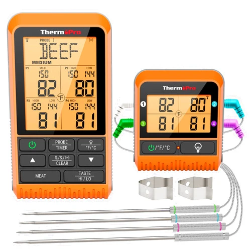ThermoPro TP829 Wireless LCD Meat Thermometer for Grilling and Smoking, 1000FT Grill Thermometer for Outside Grill with 4 Meat Probes, BBQ Thermometer for Smoker Oven Cooking Beef Turkey