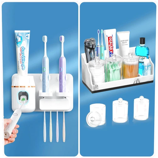 TuCao Toothpaste Dispenser, Automatic Toothpaste Dispenser，Bathroom Countertop Electric Toothbrush Toothpaste Organizer with 3PCS Qtip Holder Dispenser