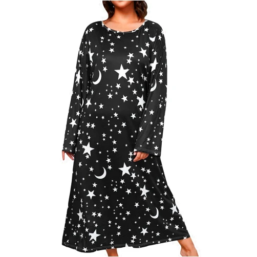 WDIRARA Women's Plus Size Long Sleeve Star Print Loose Nightgown Sleepshirt Loungewear