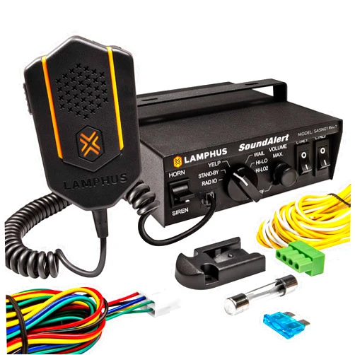 LAMPHUS SoundAlert 100W Emergency Police Siren Amplifier [2 x 20A Switch Control] [Hands-Free Air Horn] [PTT Mic] [Radio Rebroadcast] Warning PA System for Emergency Vehicles Trucks Cars Warning Lights