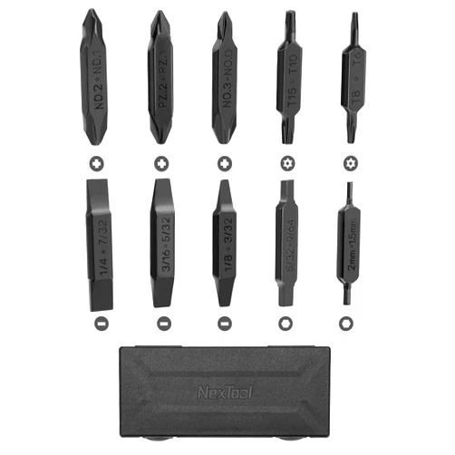 NexTool, Bit Kit, 10 Double-Ended Screwdriver Bit Set for Multi-Tools, NexTool Pocket Tool E1 and Flagship Captain, Slot, Phillips, Hex and Torx Bits with Storage Case Perfect for Camping, on the Go