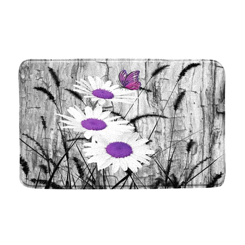 AMNYSF Floral Bath Mat Purple Gray White Daisy Flowers Butterfly Black Foxtail Grass Bathroom Rugs, Purple Gray White Black, 17.7x29.5 Inch