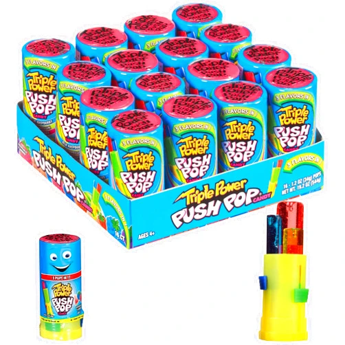Push Pop Triple Power Three-in-One Individually Wrapped Bulk Lollipop Variety Party Pack - 16 Count Lollipops in Assorted Fruity Flavors - Fun Candy for Gifts & Parties
