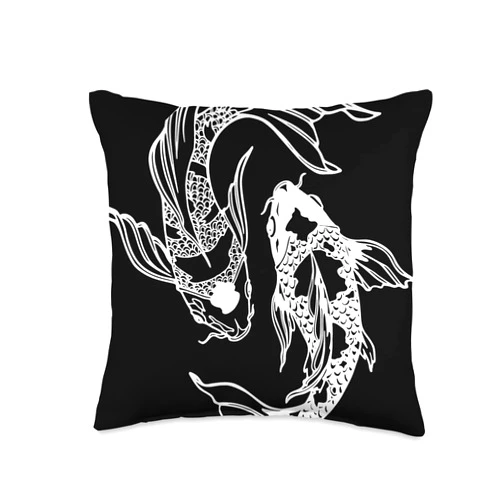 Pet Goldfish Gifts And Fancy Fish Tees by taiche Koi Carp in Feng Shui Illustrative Design White Throw Pillow, 16x16, Multicolor