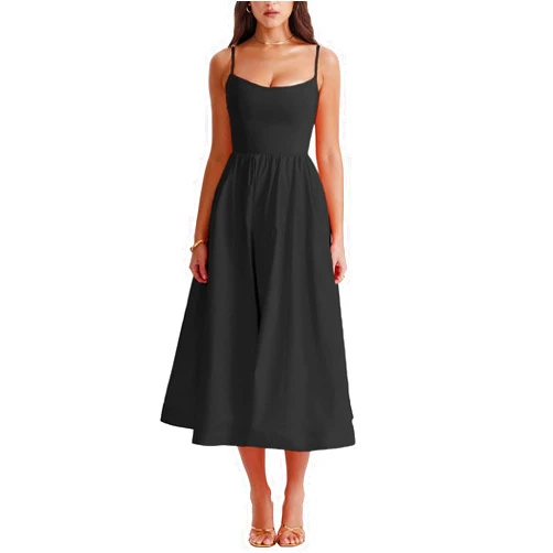 Rooscier Women's Spaghetti Strap Sleeveless High Waist Ruffle A Line Pockets Midi Dress