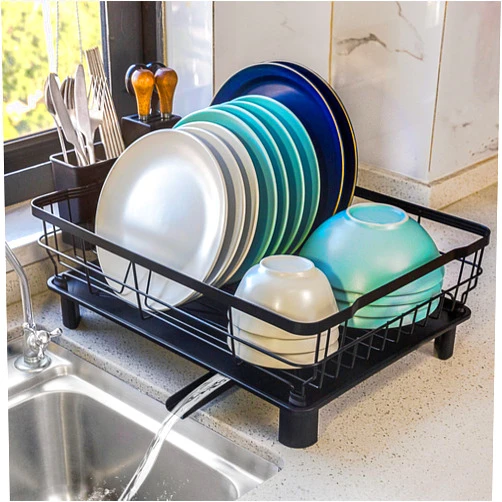 Goderewild Dish Drying Rack for Kitchen Counter,Space-Saving Dish Rack with Drainboard,Rustproof Countertop Dish Drainer with Utensil Holder for Sink,Black