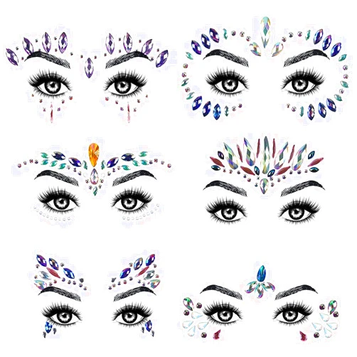 AOMIG Face Gems Glitter, 6 Pcs Rhinestone Face Glitter Stickers, Mermaid Face Jewels Stick On, Crystal Tears Gem Stones Eyes Face Body Temporary Tattoos Stickers for Birthday Party, Rave Makeup