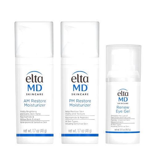 EltaMD Morning and Night Skin Care Kit, AM Restore and PM Restore Facial Moisturizers, Anti-Aging Renew Eye Gel