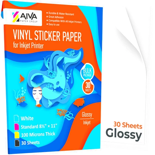 Limia's Care Printable Vinyl Sticker Paper - Waterproof Decal Paper for Inkjet Printer - 30 Self-Adhesive Sheets - Glossy White - Standard Letter Size 8.5