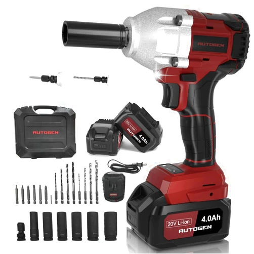 AUTOGEN cordless impact Wrench. 443ft-lbs (600n.m) 1/2' brushless impact Wrench. 2100 rpm High Torque Impact Gun, 2 x 4.0 batteries, 6 sockets. 3 in 1 home tool, outdoor, DIY electric impact gun.