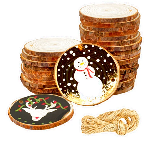 Hiquaty Unfinished Natural Wood Slices 30Pcs 3-3.5 inch Wood Circles for Crafts Ornaments Rustic Wedding Decoration DIY Crafts Predrilled Wooden with Bark Christmas Decoration