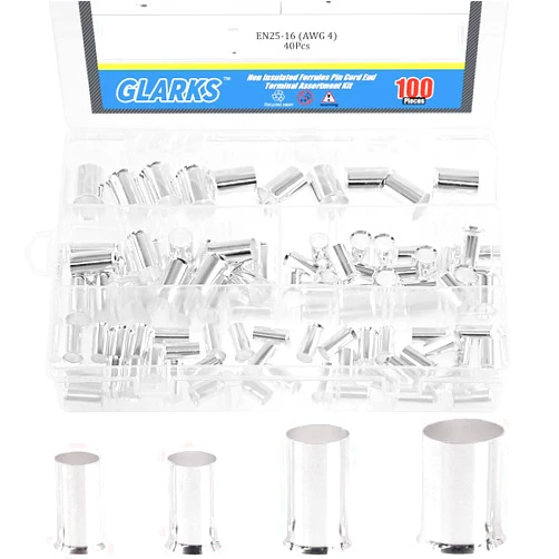 Glarks 100Pcs AWG 4 2 1 2/0 Wire Copper Crimp Connector Silver Plated Non Insulated Ferrules Pin Cord End Terminal Assortment Kit