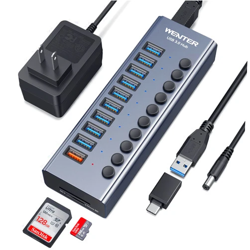 WENTER Powered USB Hub 3.0 with SD/TF Card Reader, Aluminum 10 Port Powered USB Hub (9 USB 3.0 Data Transfer Port & 1 USB Fast Charging Port Hub) USB 3.0 Hub for PC, Laptop