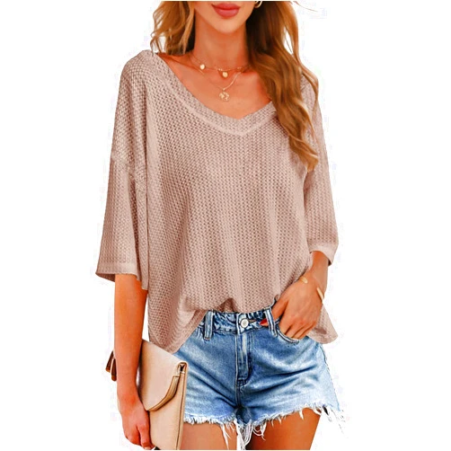 MEROKEETY Women's V Neck Batwing Half Sleeve Shirts Waffle Knit Loose Blouse Solid Color Tops