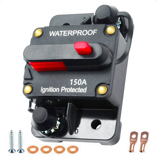BFXM 150 amp Circuit Breaker, Manual Reset Inline Fuse Waterproof Circuit Breaker for Car Marine Trolling Motors Solar System, 12V-48VDC with Wire Lugs Copper Washer