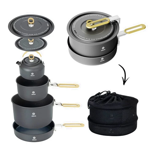 Alocs Camping Cooking Set Camping Gear, Portable Camping Cookware with Upgraded Handle, Camping Pots and Pans Set Outdoor Kitchen Must Have, Non-Stick Camping Pan for Picnic, Hiking and Fishing