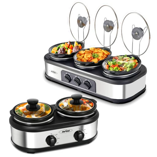 SUNVIVI OUTDOOR Dual and Triple Slow Cooker Buffet Server - Multiple Pot Food Warmer with Adjustable Temp Lid Rests - Stainless Steel