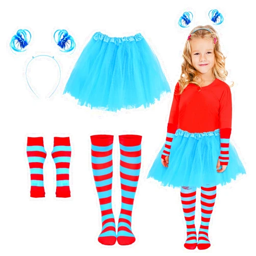 MSZWTDZX Blue Tutu Skirt, Ponytail Headband, Blue Red Striped Fingerless Gloves, Over Knee High Socks