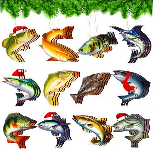 Barydat 36 Pieces Christmas Fishing Ornaments for Tree Wooden Christmas Hanging Ornaments Fishing Lovers Gifts Xmas Gifts for Fishing Lovers Fisherman