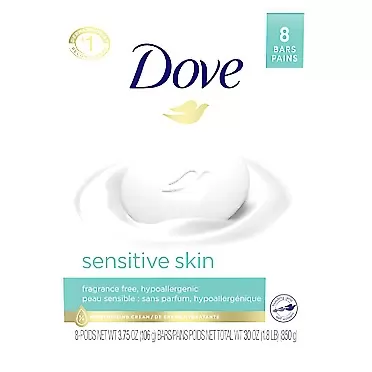 Dove Beauty Bar More Moisturizing Than Bar Soap for Softer Skin, Fragrance Free, Hypoallergenic Sensitive Skin With Gentle Cleanser, 3.75 Ounce (Pack of 8)