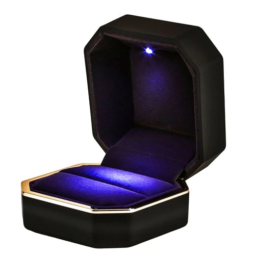 AVESON Luxury Ring Box, Square Velvet Wedding Ring Case Jewelry Gift Box with LED Light for Proposal Engagement Wedding, Black
