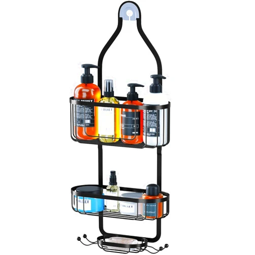 Kadolina Bathroom Hanging Shower Organizer, Over Head Shower Caddy Shower Storage Rack Basket with Hooks for Razor and Sponge Rustproof, Black [Patented]