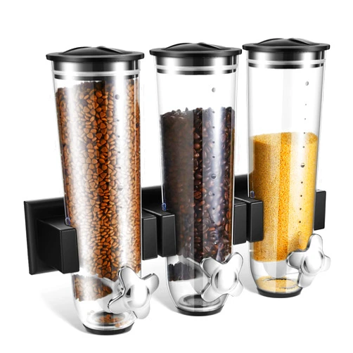 Umigy 1 Pcs Candy Dispenser Wall Mounted, Triple Dry Cereal Grain Dispenser Machine Wall Mount, Food Storage Container for Pantry Snack with 3 Cup for Kitchen, 39 oz (Black)