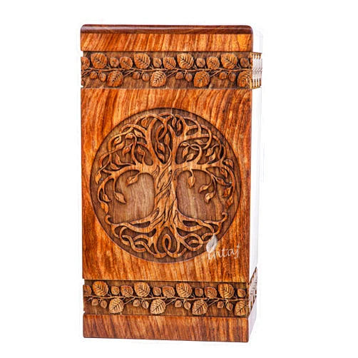 INTAJ Handmade Rosewood Urn for Human Ashes - Adult Tree of Life Wooden Urns Hand-Crafted - Celtic Funeral Cremation Urn for Dogs Engraved (Rosewood, X-Small - 7.50Hx4.25W (100 Cu/in))