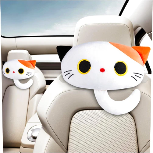 EVOLVEOVER Cat Car Headrest Pillow Cartoon Car Seat Pillow Cat Neck Support Plush Cushion for Driving Seat (2 pcs)