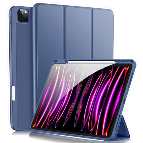 Akkerds Compatible with iPad Pro 12.9 Case 6th/5th/4th/3rd Generation with Pencil Holder, Trifold Stand Smart Cover with TPU Back for iPad 12.9 Pro Case 2022/2021/2020/2018,Auto Wake/Sleep, Blue Gray