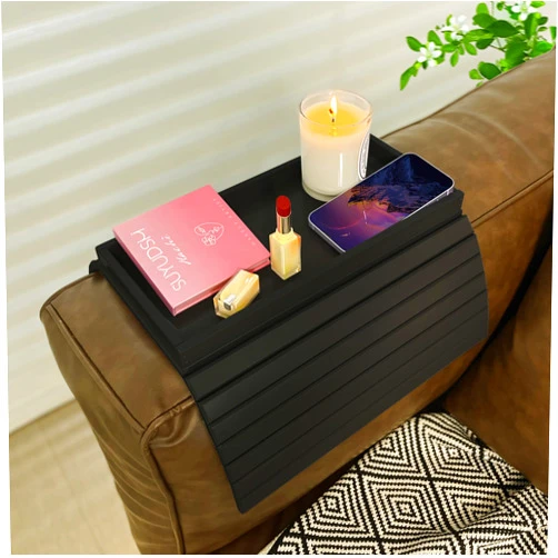 SUYUDSM Sofa Armrest Tray Foldable Armchair Table, Couch Arm Table for Wide Couches Arm, Couch Cup Holder for Food, Drinks, Snacks, Remote Control, Phone (Black)