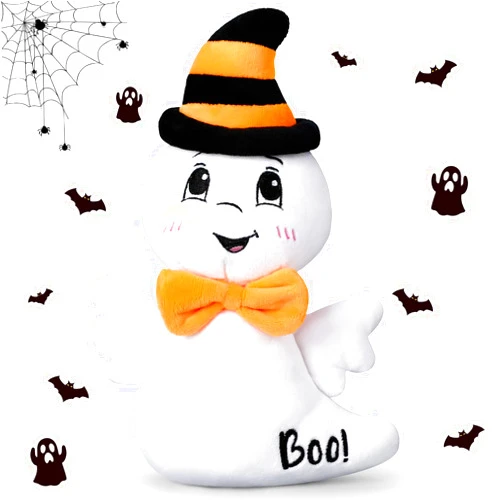 Libima 10 Inches Halloween Boo Ghost Plush Toys, White Stuffed Ghost Toy with Hat and Tie, Halloween Party Favors Exchange and Carnival Game Prizes