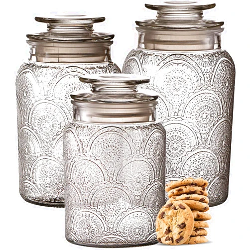 Le'raze Food Storage Containers with Airtight Lids - Retro Design - Pantry Organization, Glass Canisters Storage for Cookies, Tea, Sugar, Candy Jars, Sugar Packet, Set of 3