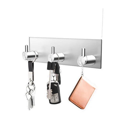 VIS'V Key Holder Wall Mount, Small Self Adhesive Key Hanger Metal Stick on Key Rack Compact Key Rail with 3 Key Hooks for Entryway Doorway Hallway 2 Adhesive Strips Silver