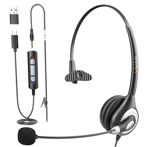 Wantek USB Headset with Microphone for PC, Computer Laptop Headset with Noise Cancelling Mic in-line Control for Home Office Online Class Zoom (Type C+3.5mm+USB)