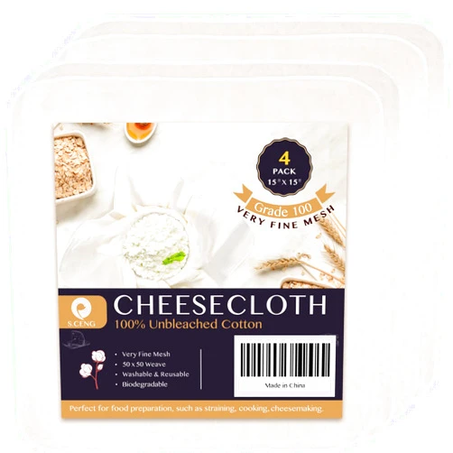 S.CENG Precut Cheesecloth, 15 x 15'' 4 Pack, Grade 100, Ultra Fine for Straining & Cooking, 100% Unbleached Cotton Cheese Cloth for Making Cheese