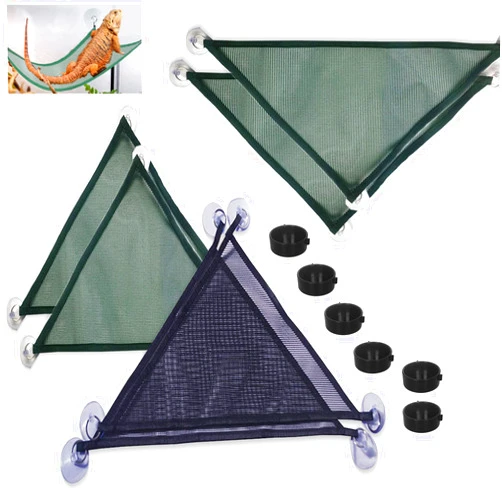 Lucky Interests 6 pcs Reptile Hammock Lounger, Lizard Hammock with Strong Suction Cup Triangle Bearded Dragon Lounger for Iguanas Geckos Lizards Anoles Snakes with 6 Reptile Food Bowl (Green, Black)