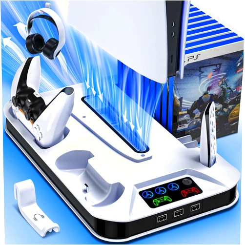 Kammkonb PS5/Slim/Pro Cooling Station with Controller Charging Station for Sony Console Playstation 5 Slim&Standard Disc/Digital Console, PS5 Pro Stand Cooler Accessories Incl Cooling Fan/3 USB Hubs