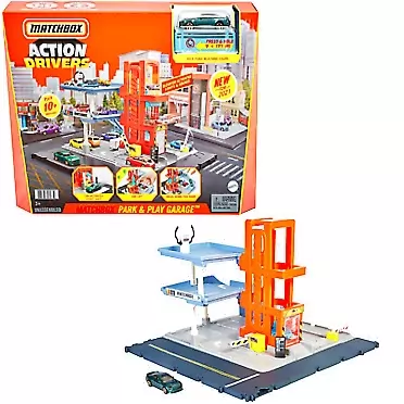 Matchbox Action Drivers Matchbox Park & Play Garage Playset with Lights & Sounds, Plus 1 Car, Push-Around Play Activates Gates, Connects to Other Sets, Gift for Kids 3 & Older