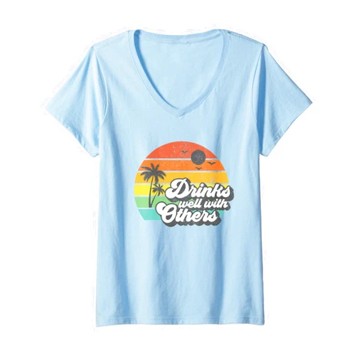 Retro Beach Vacation Summer Quotes Shirts & Gifts Womens Drinks Well With Others Funny Retro Beach Summer Women Gift V-Neck T-Shirt
