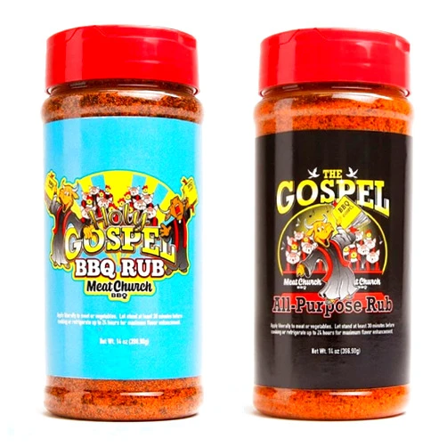 Meat Church BBQ Rub Combo: Holy Gospel (14 oz) and The Gospel (14 oz) BBQ Rub and Seasoning for Meat and Vegetables, Gluten Free, One Bottle of Each