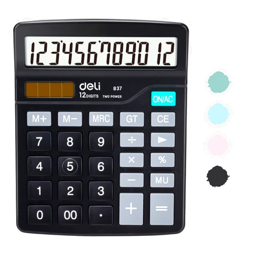Deli Calculator, Deli Standard Function Desktop Calculators with 12 Digit Large LCD Display and Sensitive Button, Solar Battery Dual Power Office Calculator, Black
